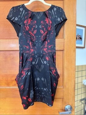 AllSaints Black and Red Patterned Cap-Sleeve Mini Dress